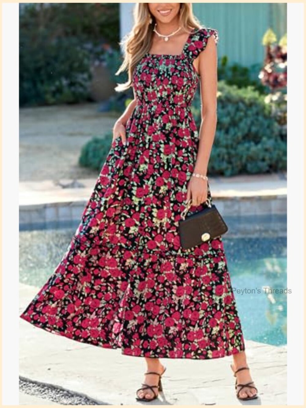 Womens Smocked Floral Ruffle Sleeve Slit Maxi Dress Boho Beach Sundress - Picture 3 of 7
